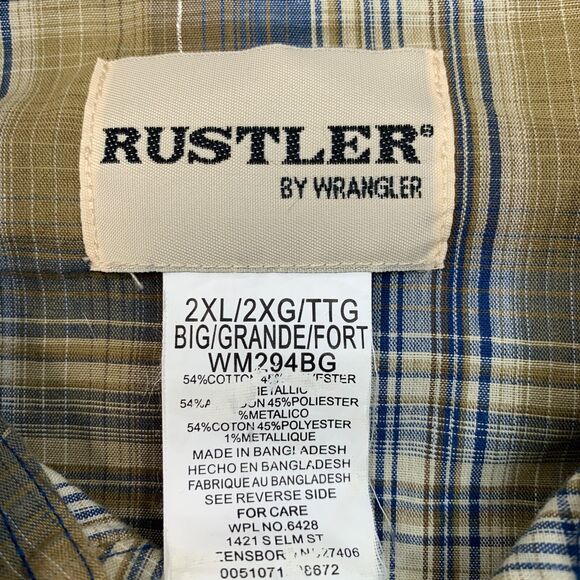 Wrangler Shirt Mens 2XL Beige Blue Plaid Rustler Pearl Snap Button Western Yoke - Picture 4 of 9